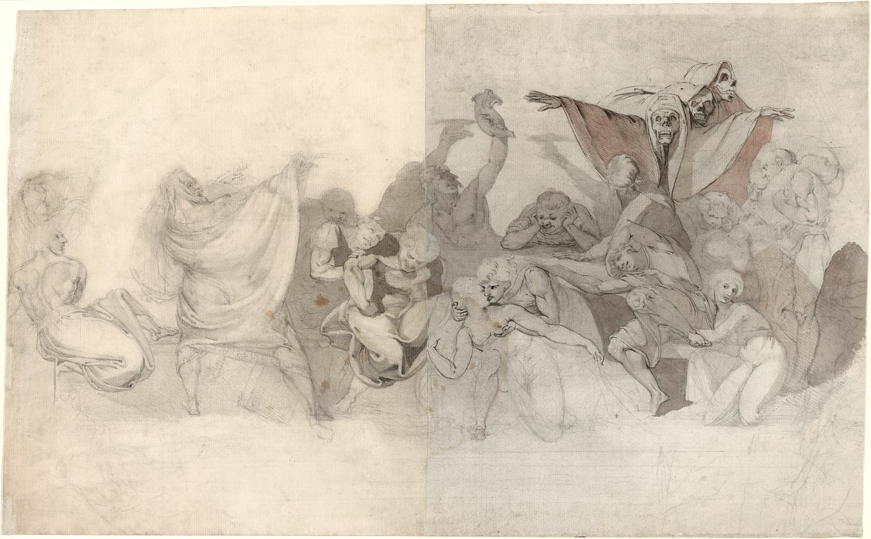 Triumph of Death: Três Esqueletos Invadindo um Bacanal Orquestrado por um Mago ou um Demônio Maligno de Johann Heinrich Füssli