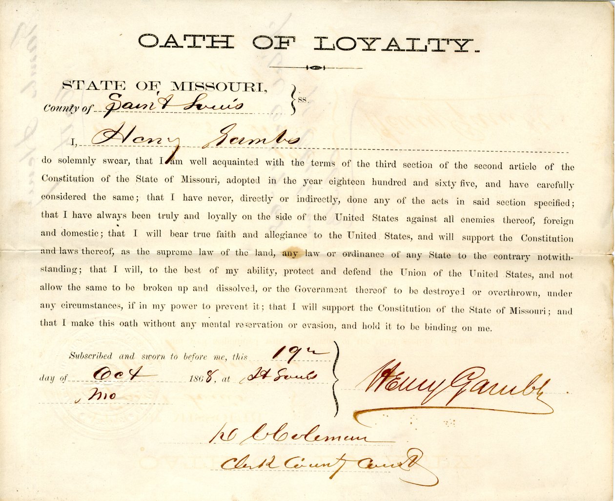 Juramento de lealdade de Henry Gambs do Missouri, Condado de St. Louis de Henry Gambs