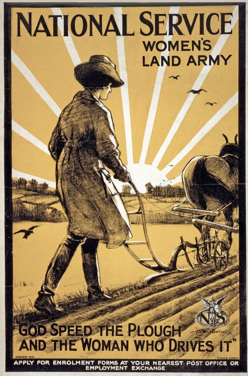 Exército Nacional das Mulheres do Serviço Nacional, Deus acelera o arado e a mulher que o dirige, bar. Londres, c.1917 de Henry George Gawthorn