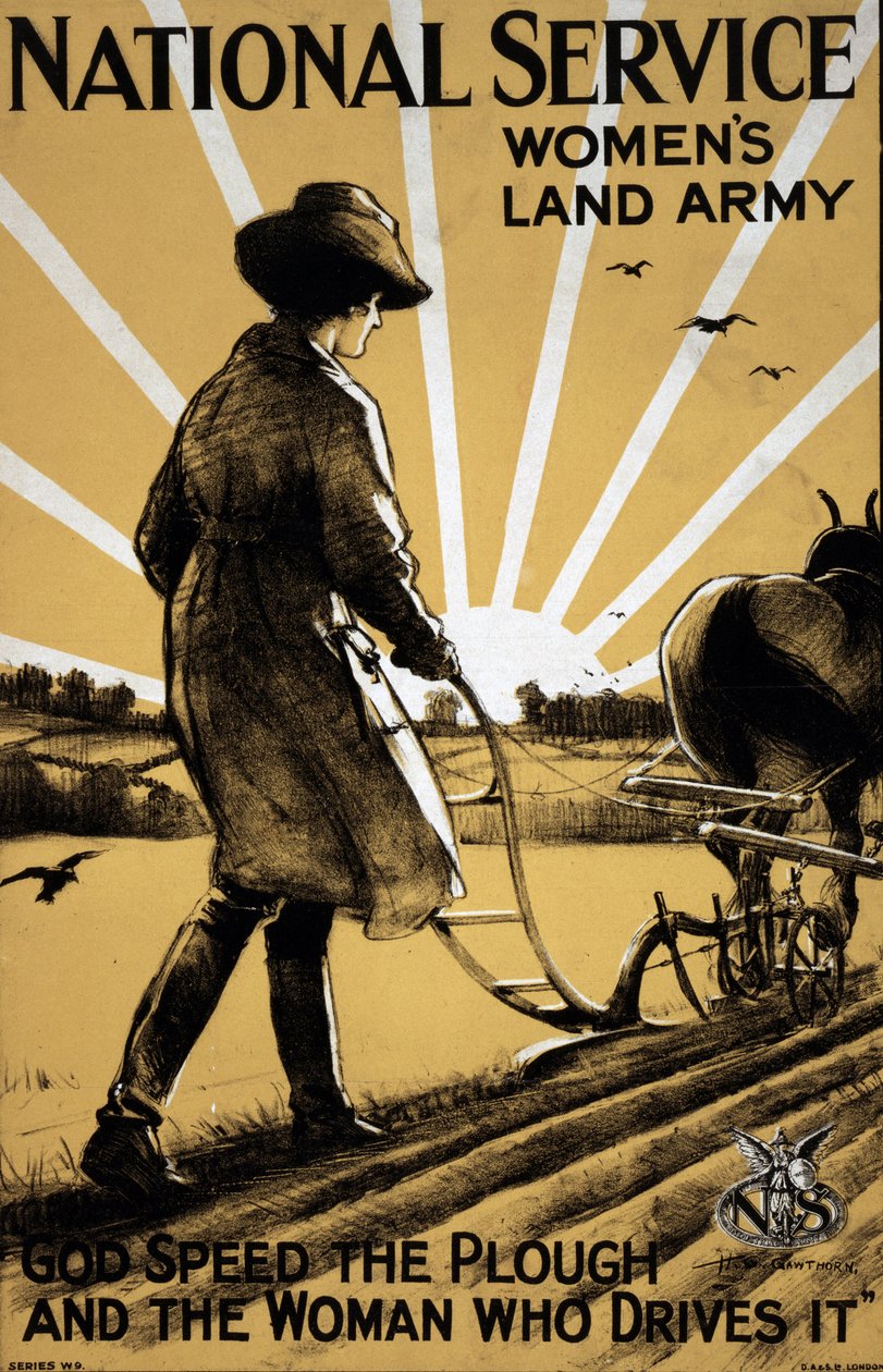 A Primeira Guerra Mundial: Cartaz de propaganda "Uma Jovem Mulher Lavrando a Terra" para o exército terrestre feminino de 1917 Ilustração de Henry George Gawthorn (1879-1941) DR de Henry George Gawthorn