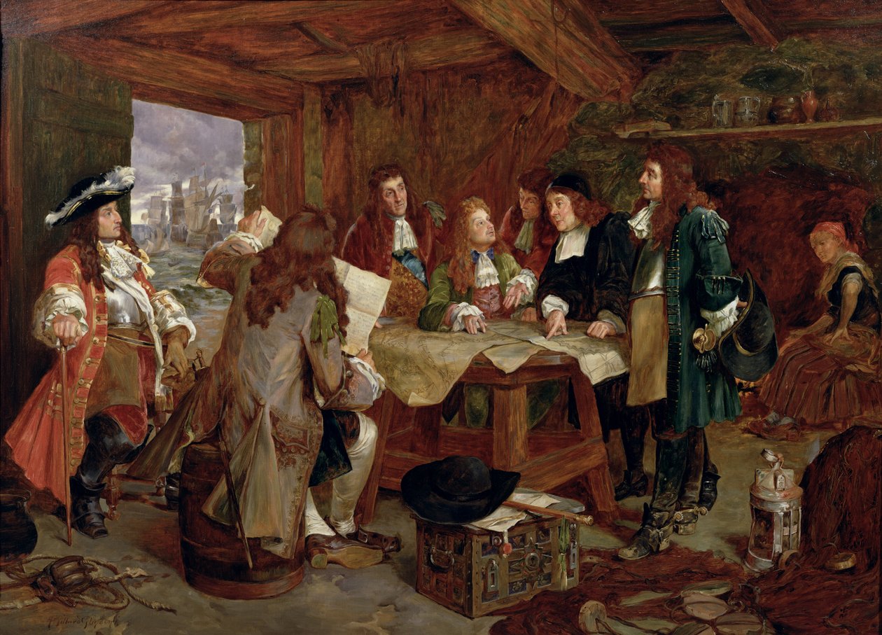 Um Conselho de Guerra - William, Príncipe de Orange e seus ajudantes após o pouso em Torbay, 5 de novembro de 1688 de Henry Gillard Glindoni