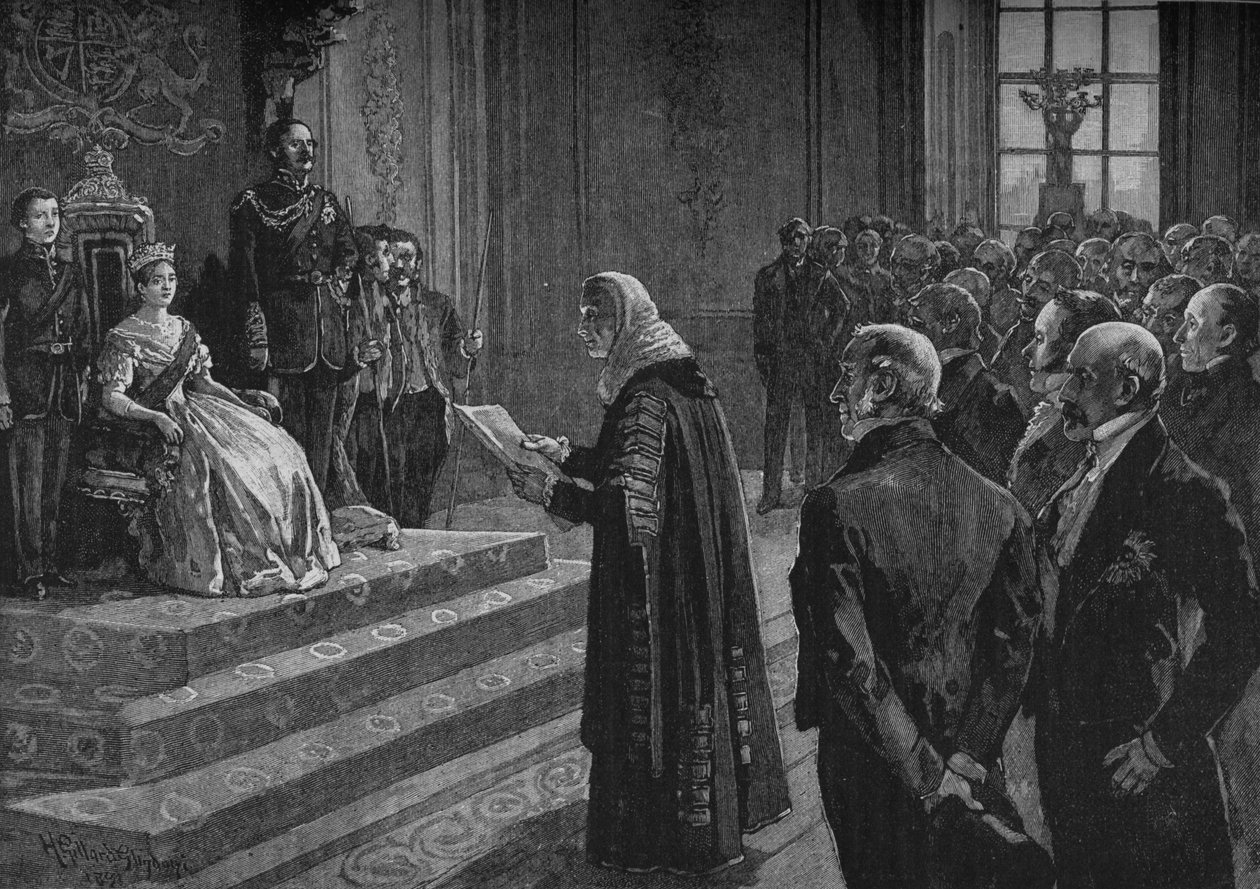 Pares e plebeus apresentando discurso patriótico à rainha na véspera da guerra da Crimeia, 1891 de Henry Gillard Glindoni