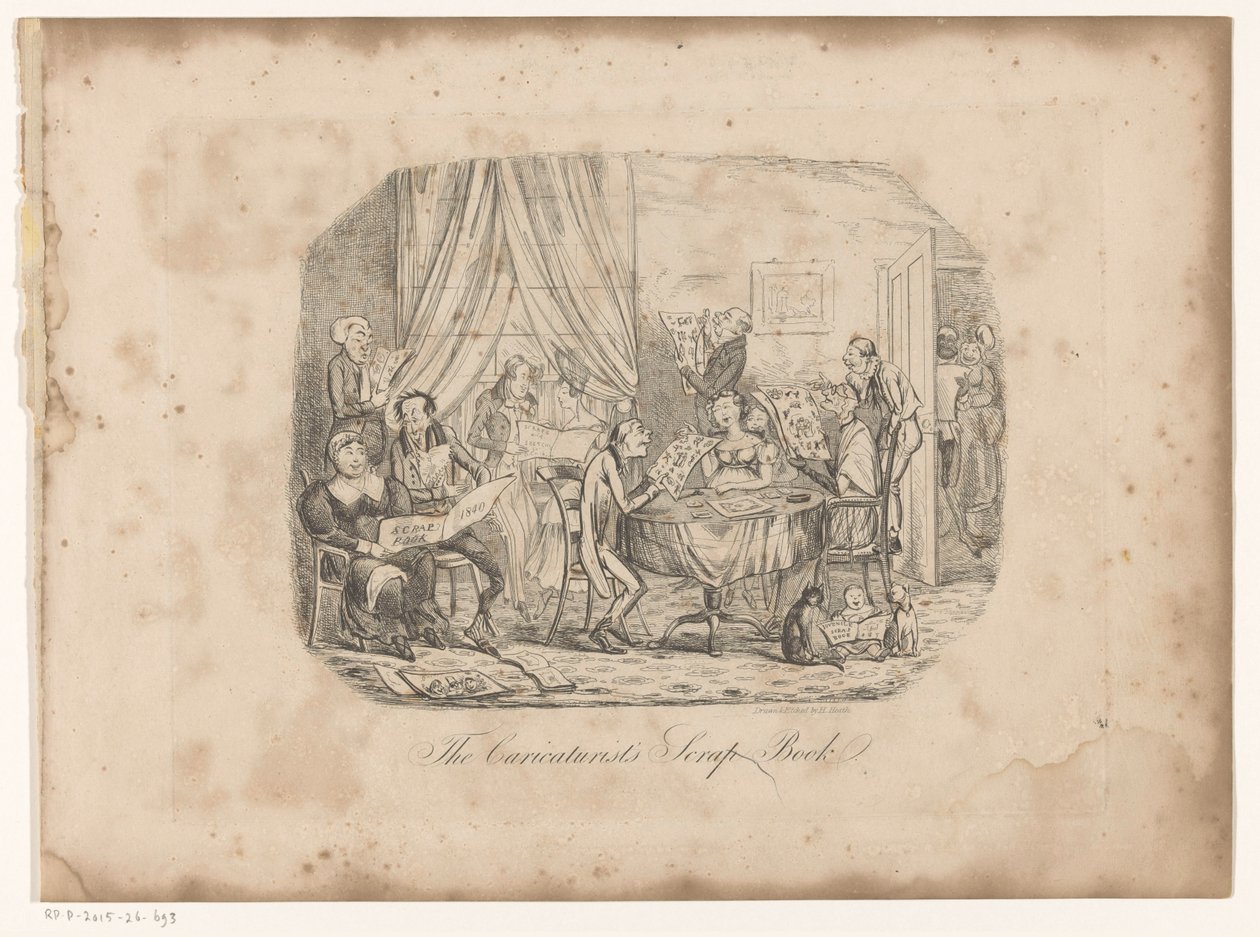 Interior com pessoas vendo revistas do livro de recortes do cartunista Página de título para: Henry Heath, o livro de recortes do cartunista, 1840 de Henry Heath