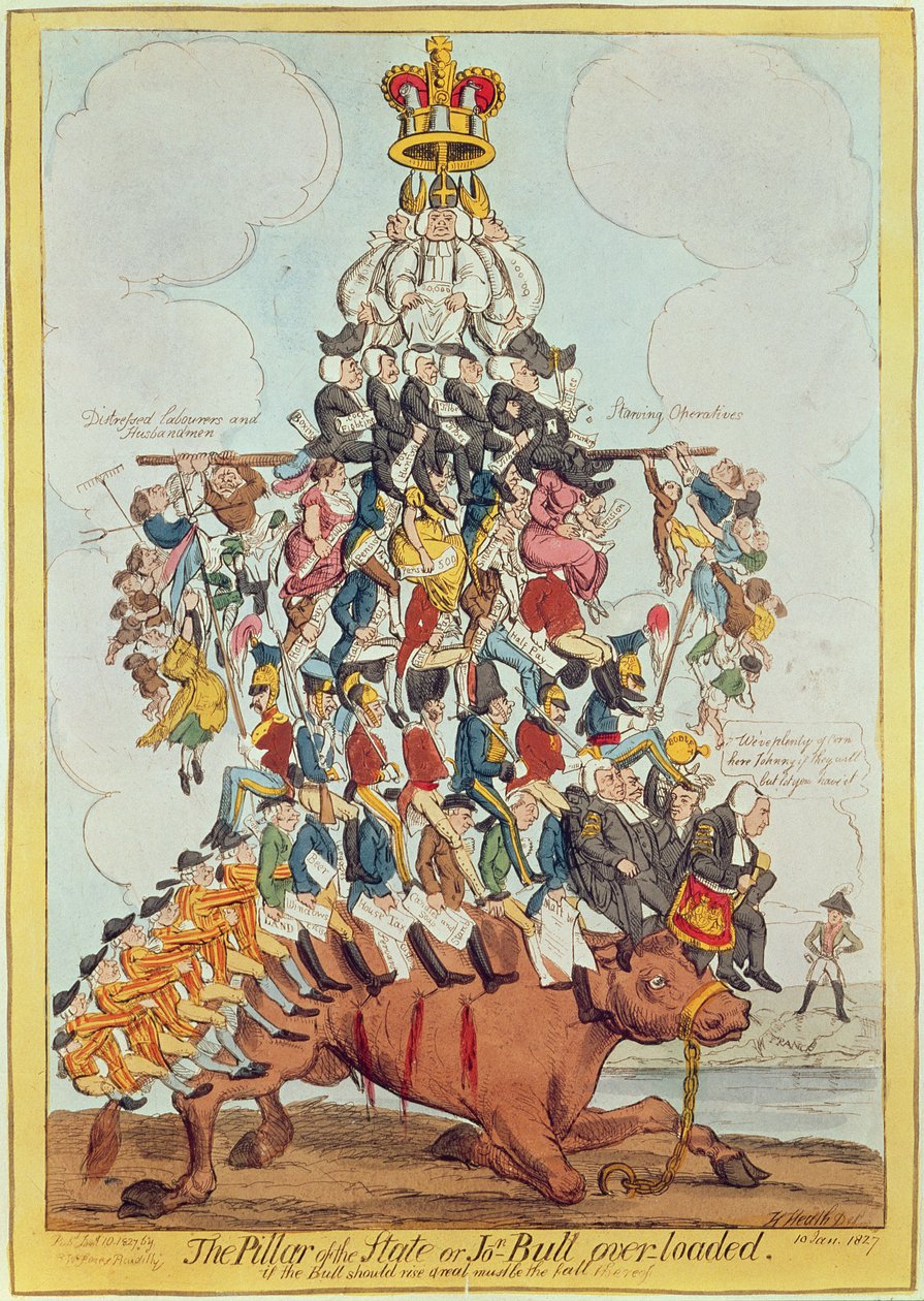 O Pilar do Estado, ou John Bull Sobrecarregado, depois de Cruikshank em 1819, 1827 (ver 22565) de Henry Heath