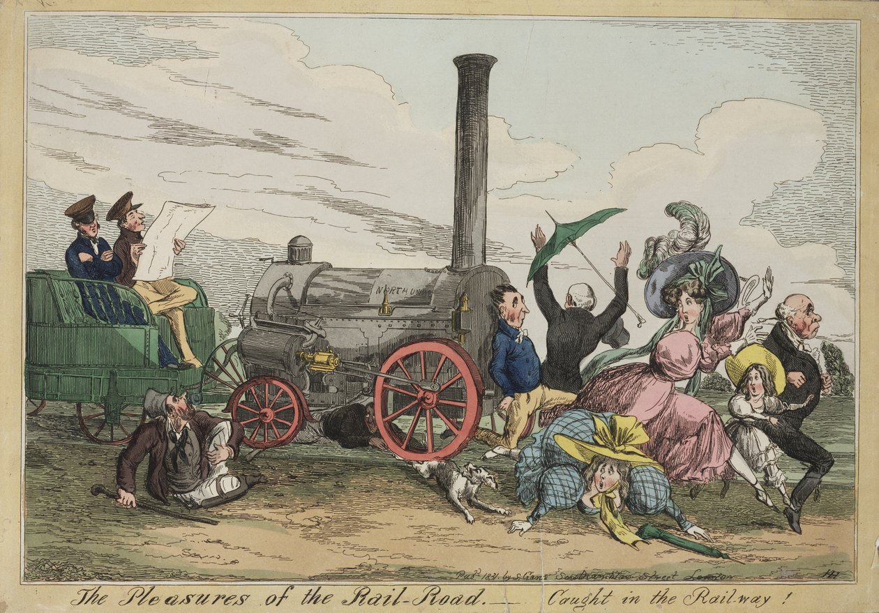 Os Prazeres da Estrada de Ferro - Travado na Ferrovia !, c.1840 (gravura colorida à mão) de Henry Heath