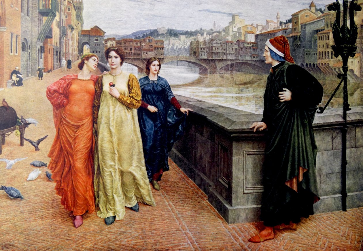 Dante Alighieri encontra-se com a sua musa Beatrice Portinari em Florença de Henry Holiday