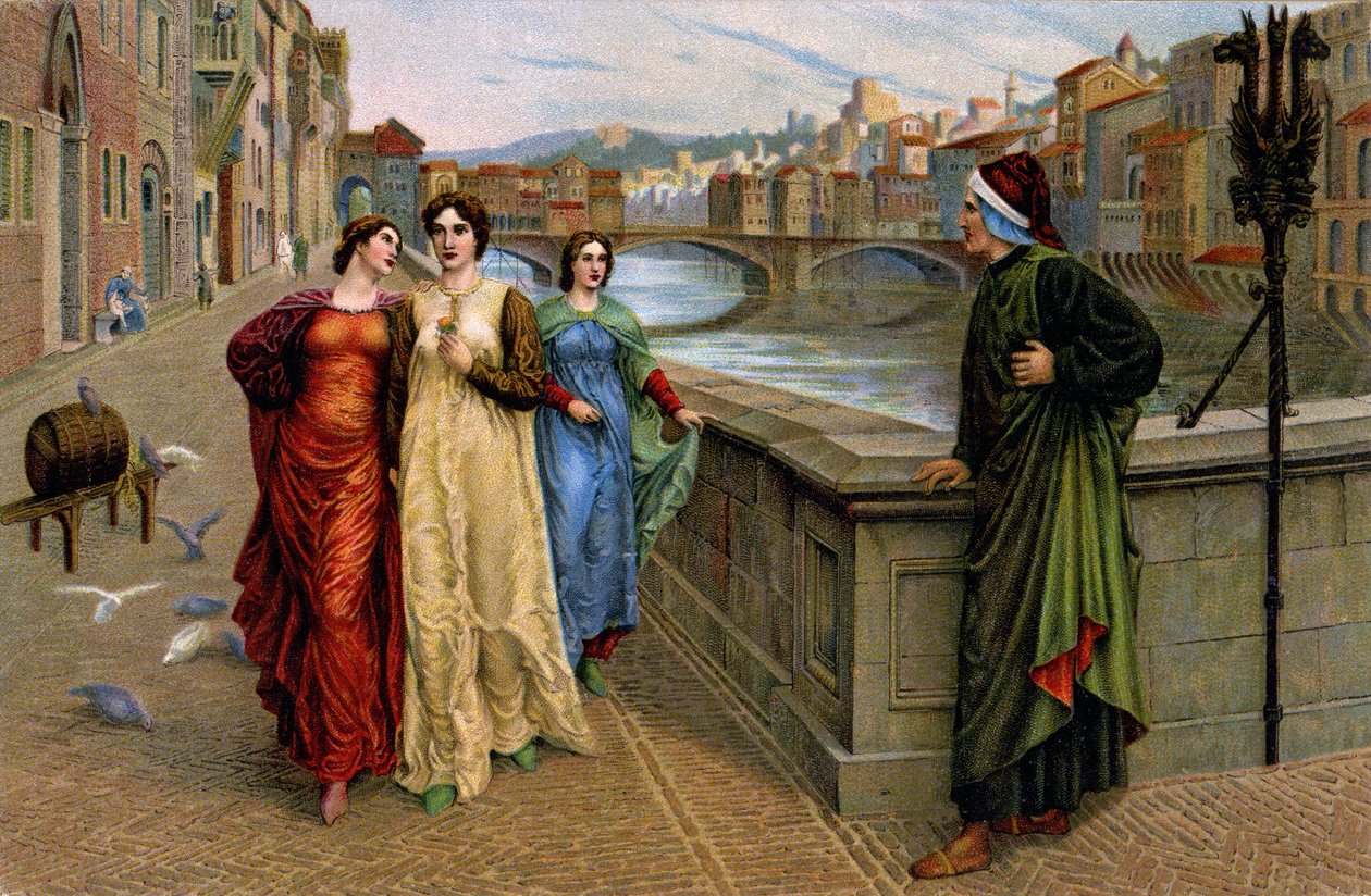 Dante Alighieri encontra-se com a sua musa Beatrice Portinari em Florença, c.1890 (gravura) de Henry Holiday