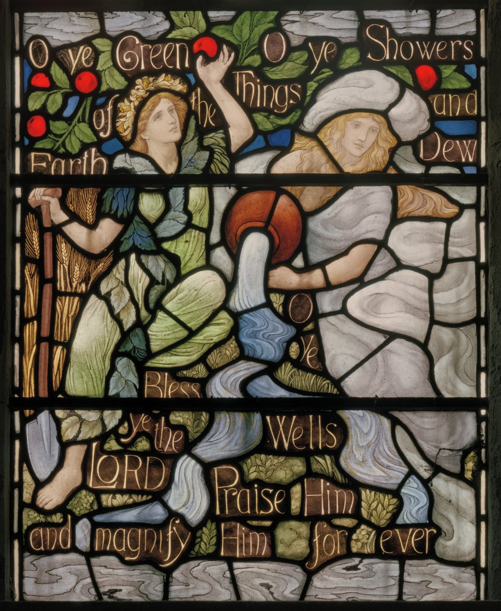 O Ye Coisas Verdes, Detalhe da janela Benedicite, c.1895 (vitral) de Henry Holiday