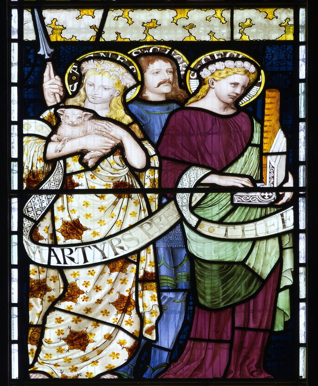 Santa Cecília, Santa Agnes & São Jorge, c.1872 (vidro manchado) de Henry Holiday