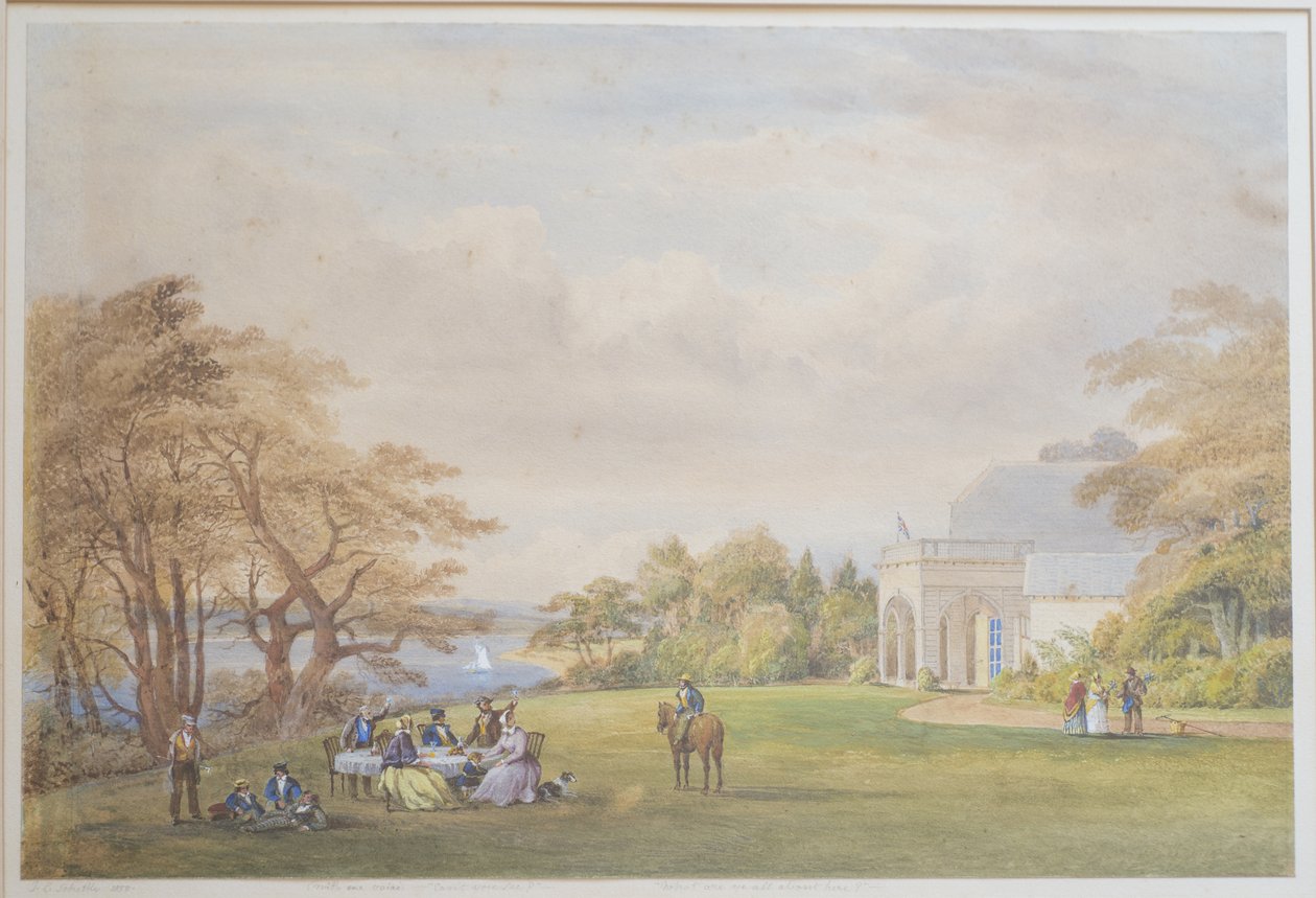 Família Drummond em Bournehill Cottage, 1858 (wc no papel) de Henry Holland