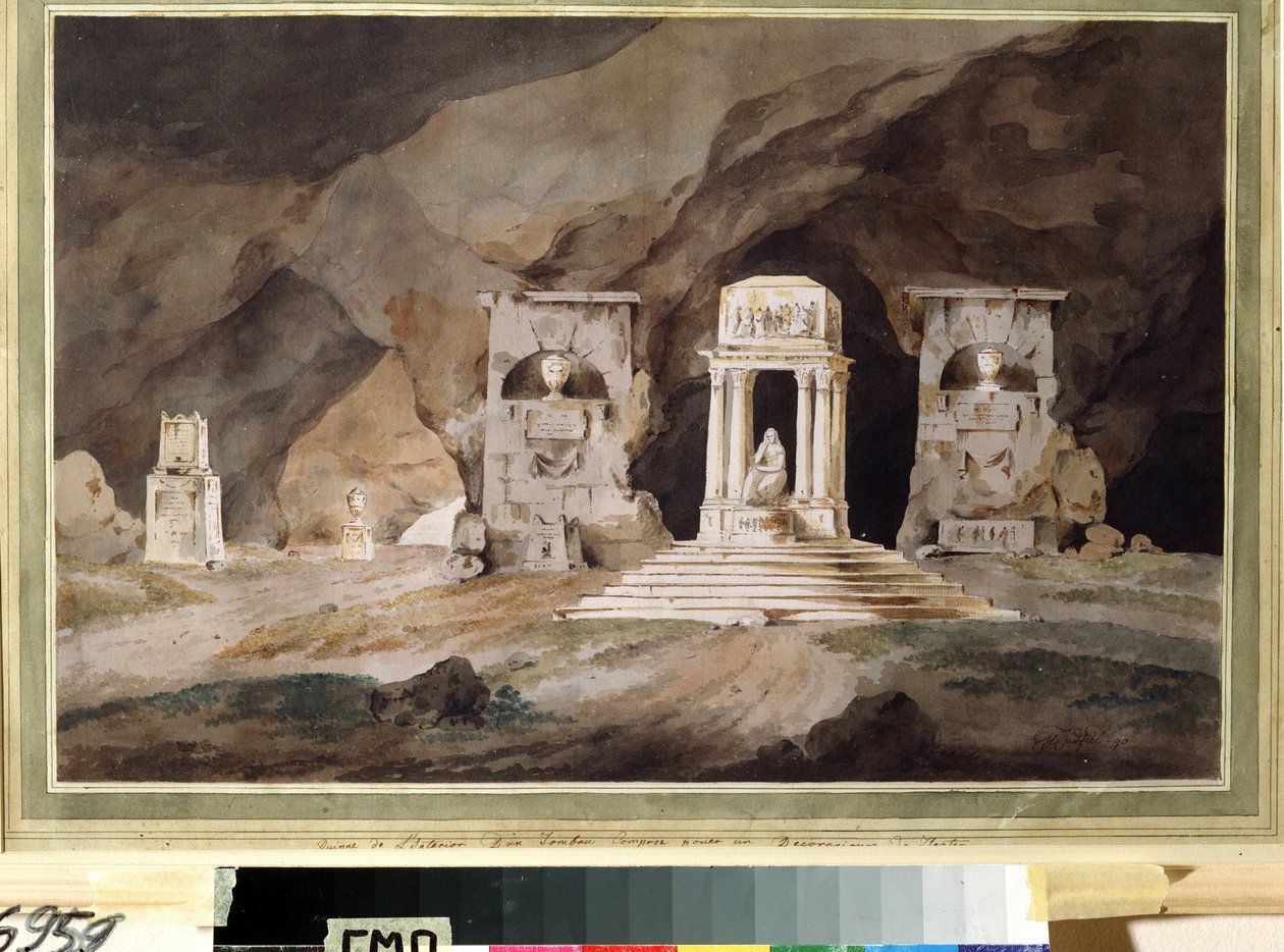 ""Um cemitério"" (Cemitério antigo) Decoração de teatro desenhada em aquarela por Henry Hudfield (século XVIII) 1790 Museu Palácio Teatro Ostankino, Moscou de Henry Hudfield