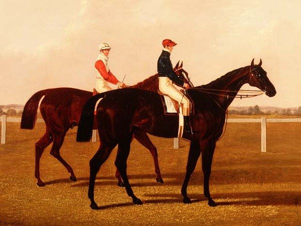 Os cavalos de corrida "Charles XII" e "Euclides" com Jockeys Up de Henry Hugh Armstead