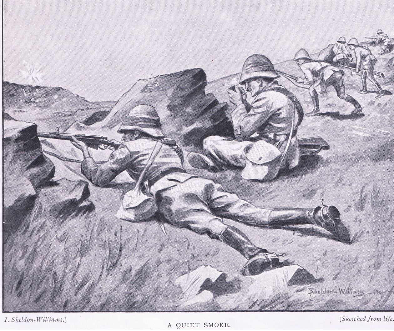 Um fumo calmo, de After Pretoria: The Guerilla War publicado pela Harmsworth Bros Limited de Henry Inglis Jodrel Sheldon Williams