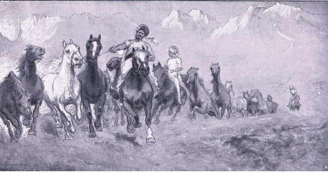 Coolies indianos que tomam remontas a Stellens bosch, de After Pretoria: The Guerilla War publicado por Harmsworth Bros Limited, 1901 de Henry Inglis Jodrel Sheldon Williams