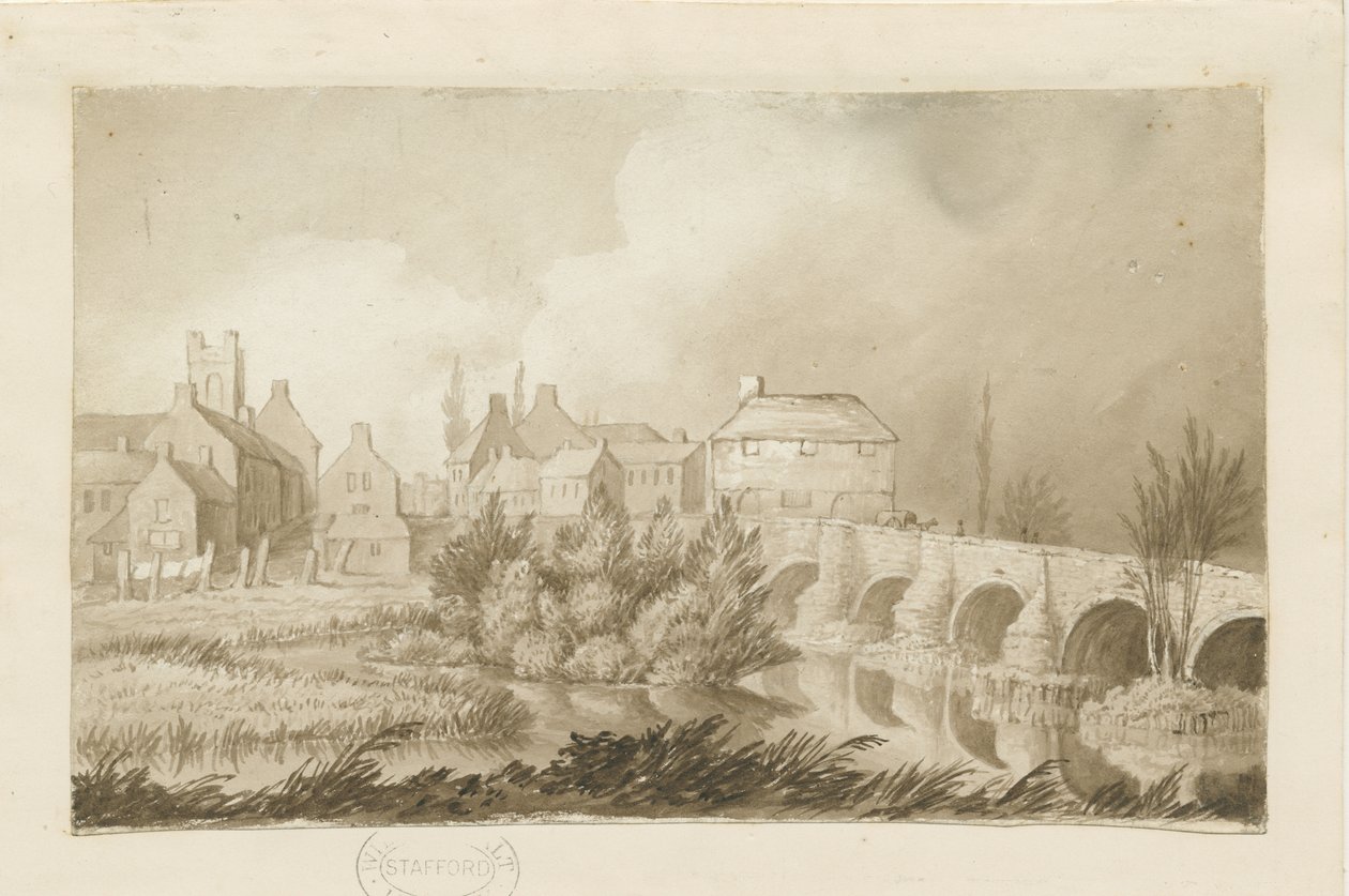 Ponte e cidade de Burton-upon-Trent: desenho em sépia, nd [c 1840] de Henry James Noyes
