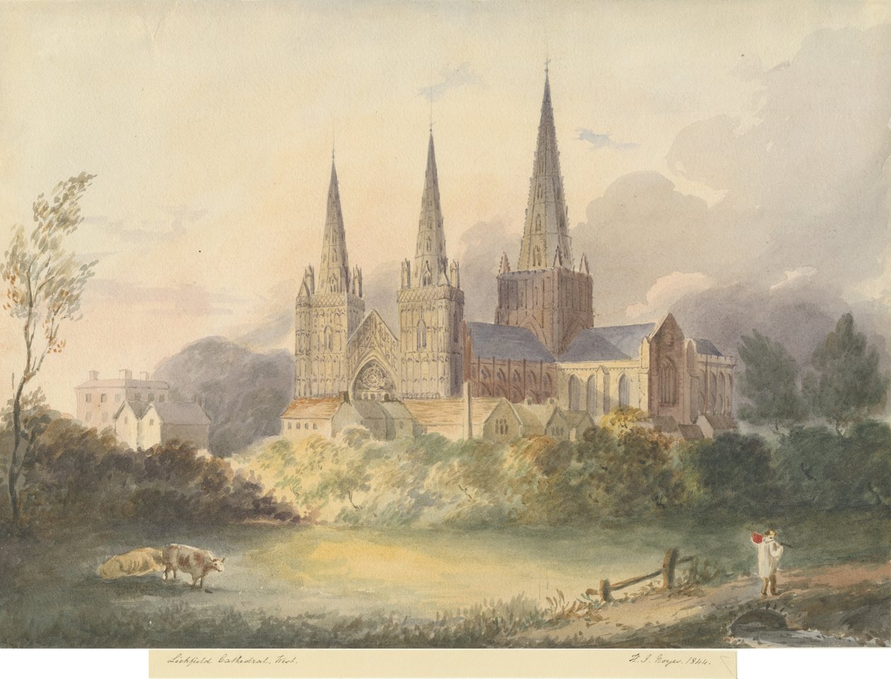 Catedral de Lichfield - Vista oeste: pintura em aquarela, 1844 de Henry James Noyes