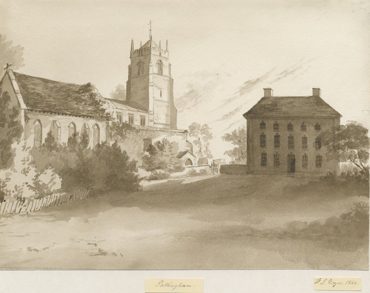 Igreja de Pattingham e Casa do Vicariato: desenho em sépia, 1844 de Henry James Noyes