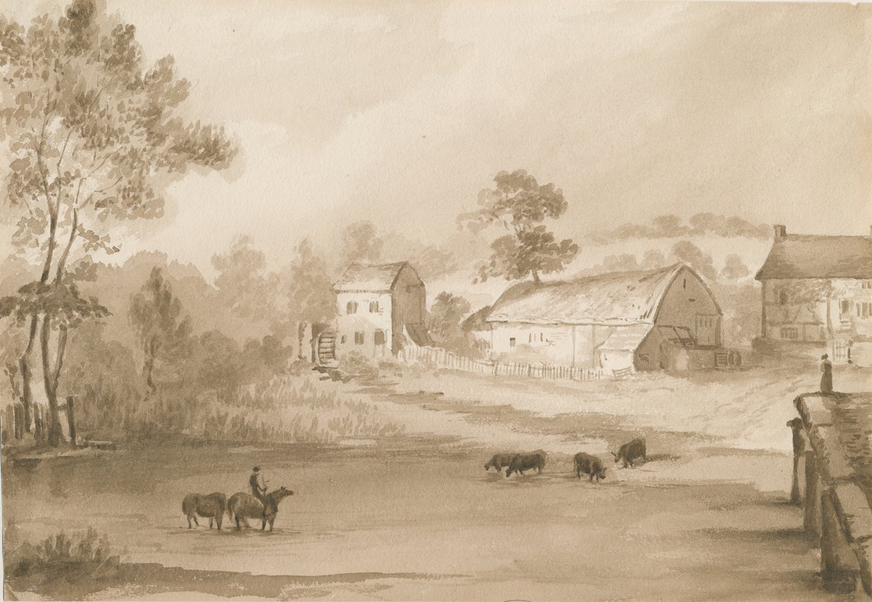 Trysull Mill: desenho de lavagem sépia de Henry James Noyes