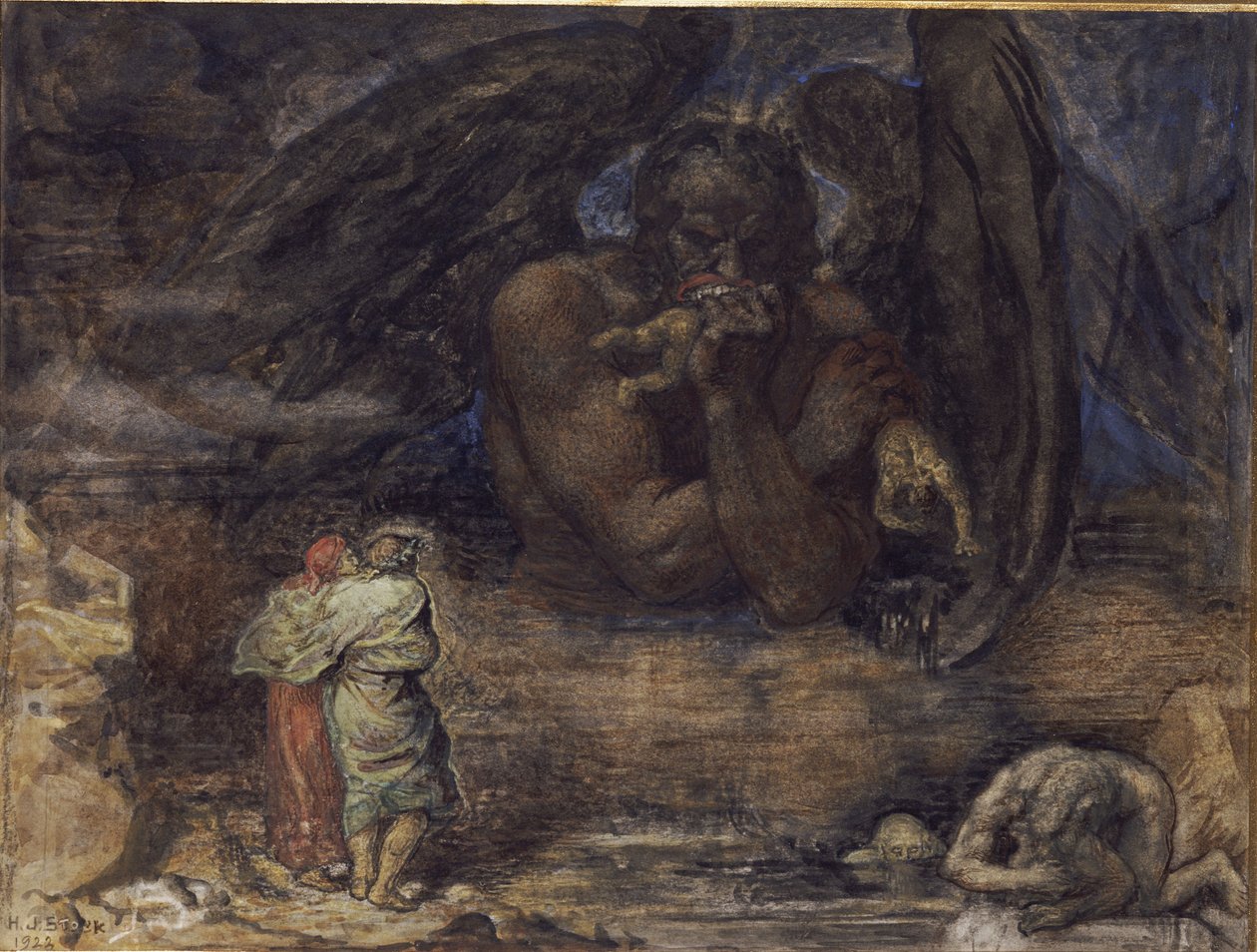 Dante e Virgílio encontram Lúcifer no Inferno de Henry John Stock