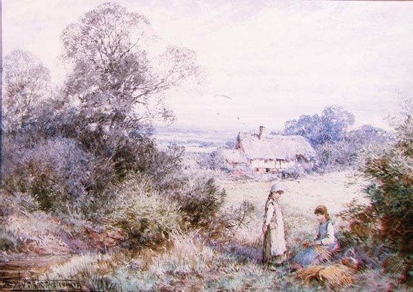 Duas meninas brincando em um prado de Henry John Sylvester Stannard