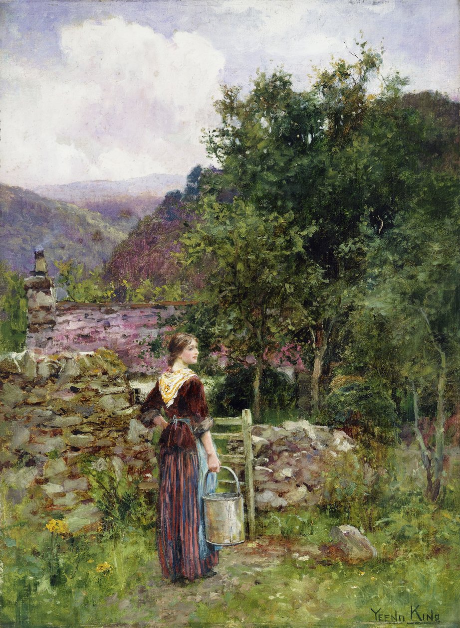 Uma jovem garota do lado de fora de uma casa segurando um balde, de Henry John Yeend King