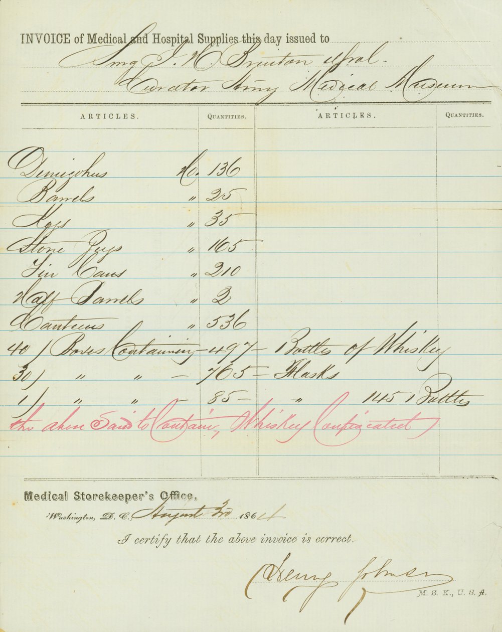 Fatura de lojas médicas e hospitalares, assinada por Henry Johnson, 30 de agosto de 1864 de Henry Johnson