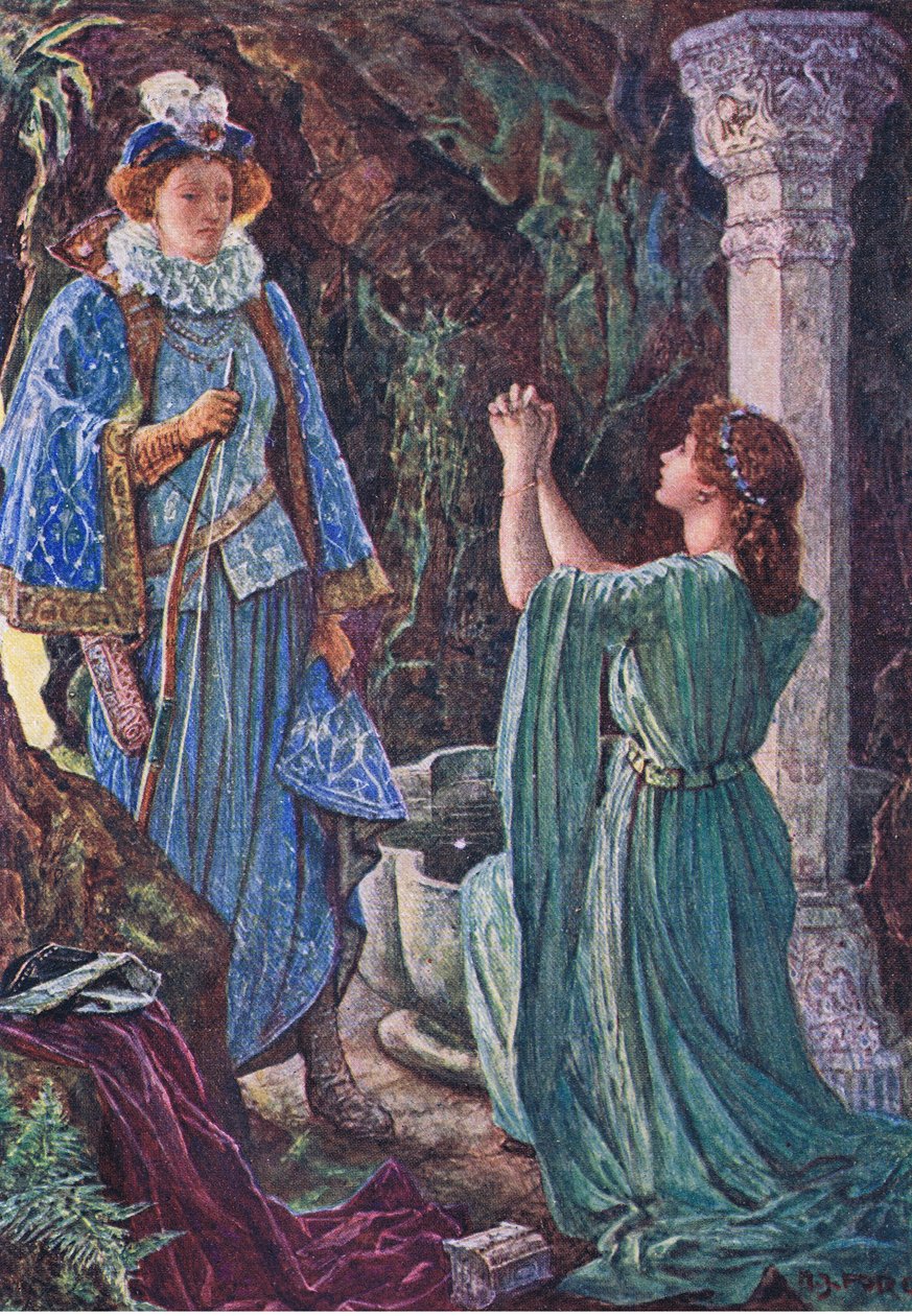Elizabeth e Amy encontram-se na gruta, ilustração de Kenilworth, c.1910 de Henry Justice Ford