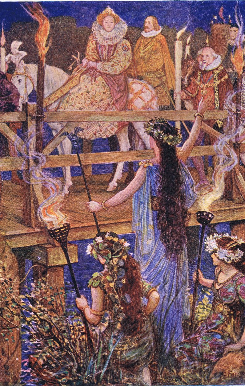 Elizabeth é bem-vinda pela senhora da ilha flutuante, ilustração de Kenilworth, c.1910 de Henry Justice Ford