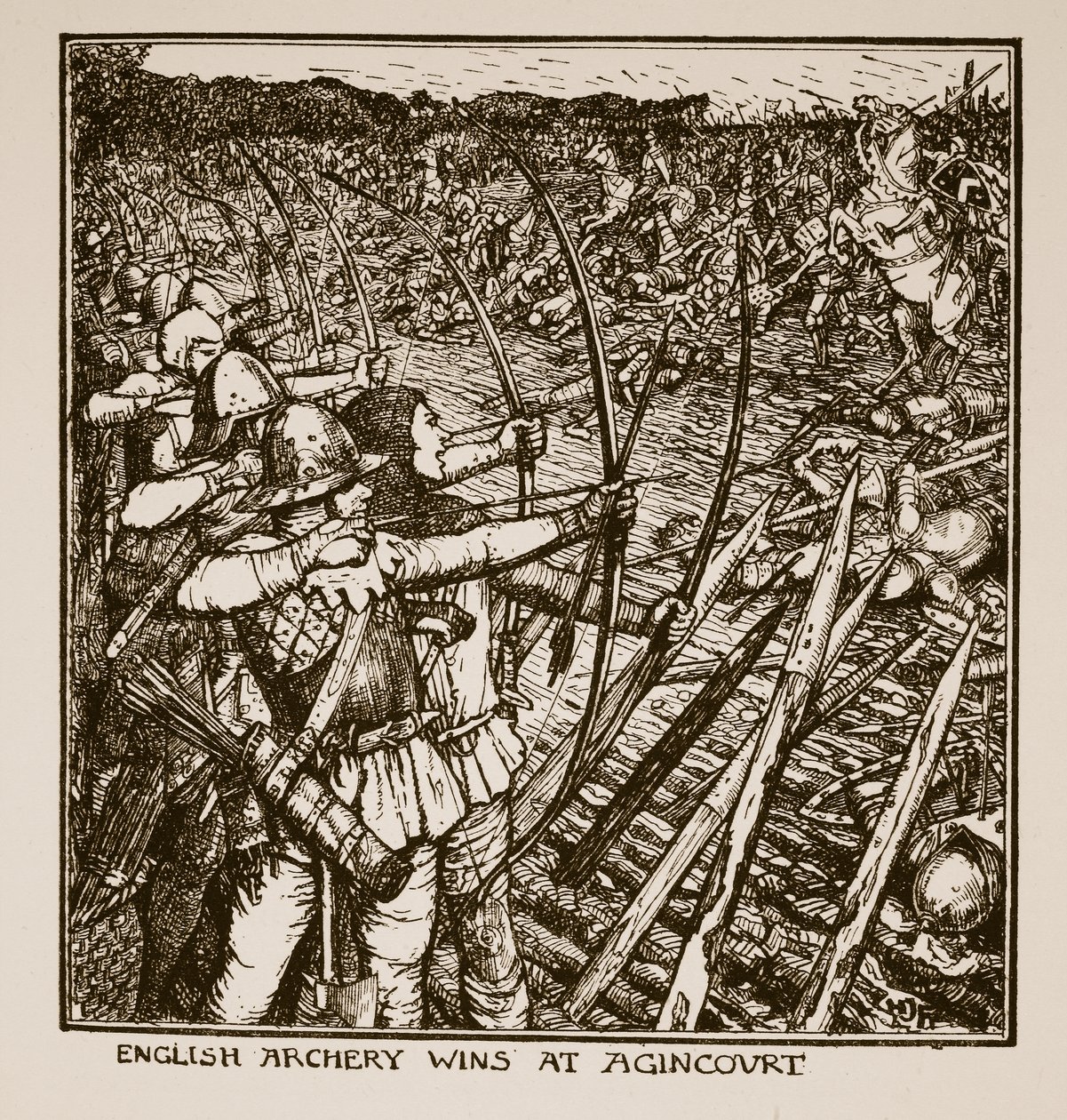 Tiro com arco inglês vence em Agincourt, ilustração de &39;A History of England&39; por CRL Fletcher e Rudyard Kipling, 1911 de Henry Justice Ford