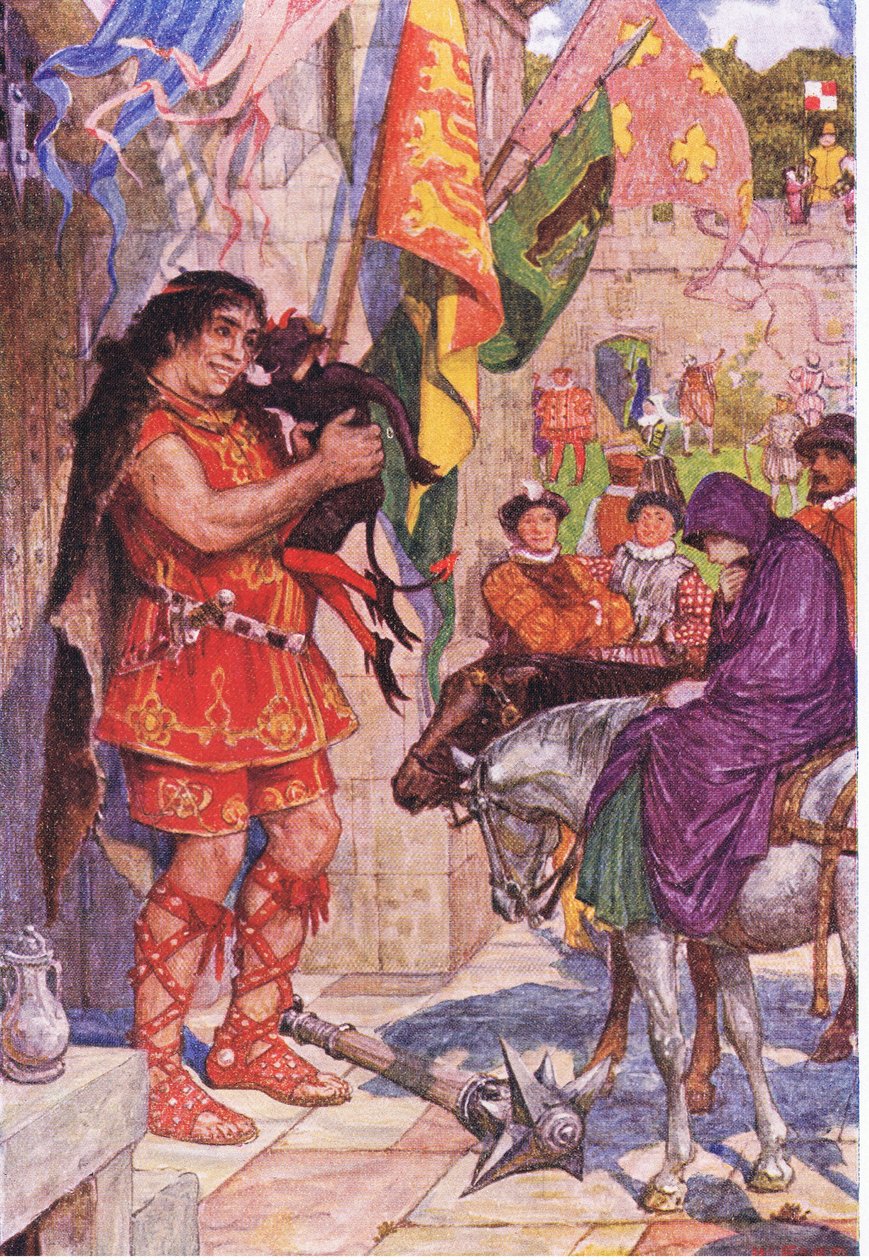 Flibbertibbet vestido como um diabo pacifica o gigante quando Wayland traz Amy ao castelo de Kenilworth, ilustração de Kenilworth, c.1910 de Henry Justice Ford