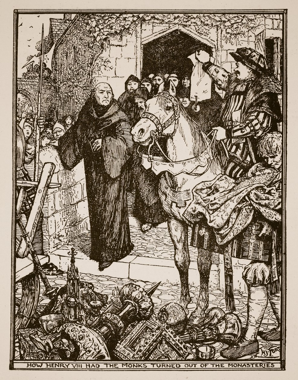 Como Henry VIII mandou os monges saírem dos mosteiros, ilustração de "A History of England" de CRL Fletcher e Rudyard Kipling, 1911 de Henry Justice Ford