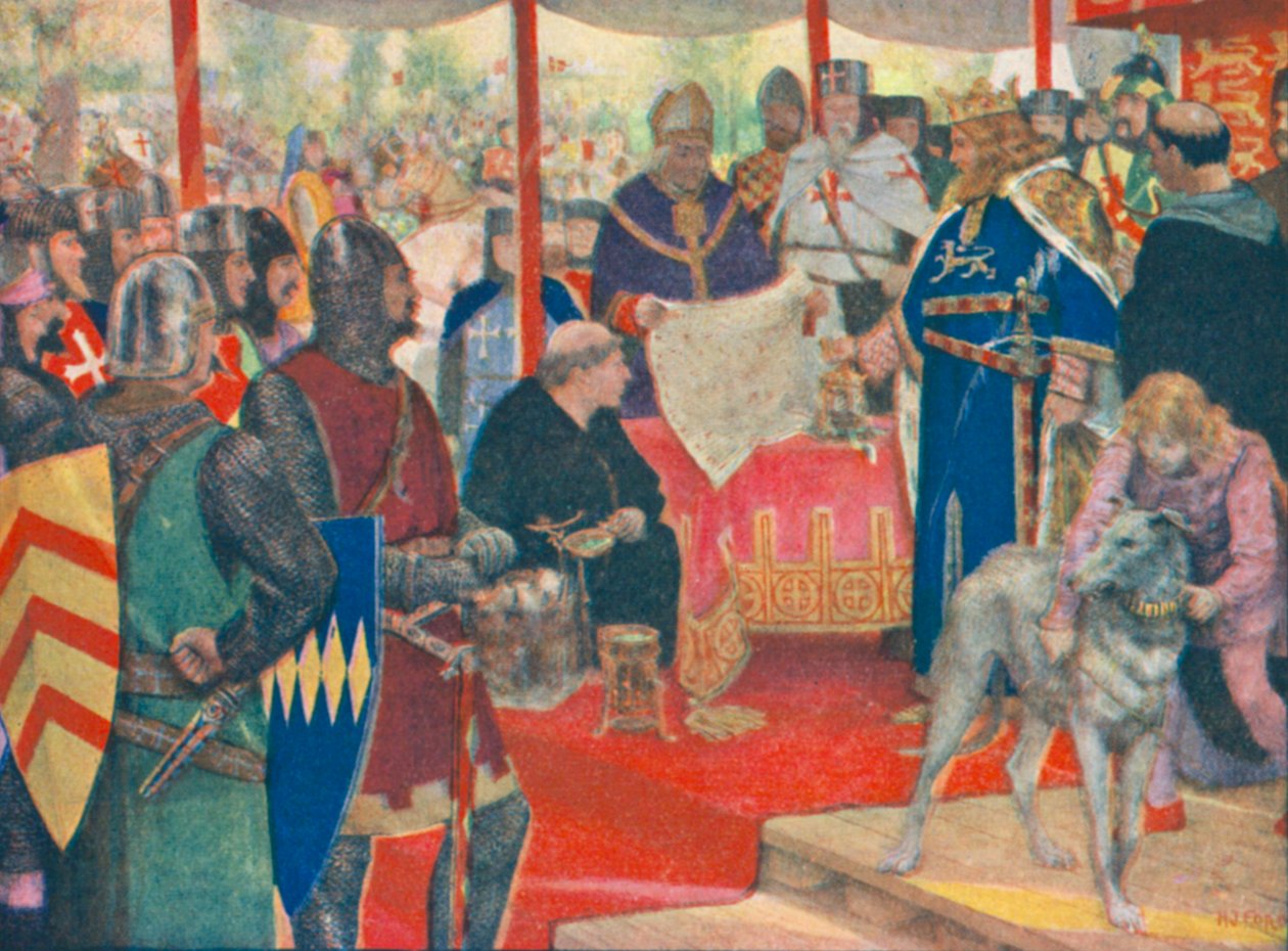 O Rei João a selar a Carta Magna (litografia a cores) de Henry Justice Ford
