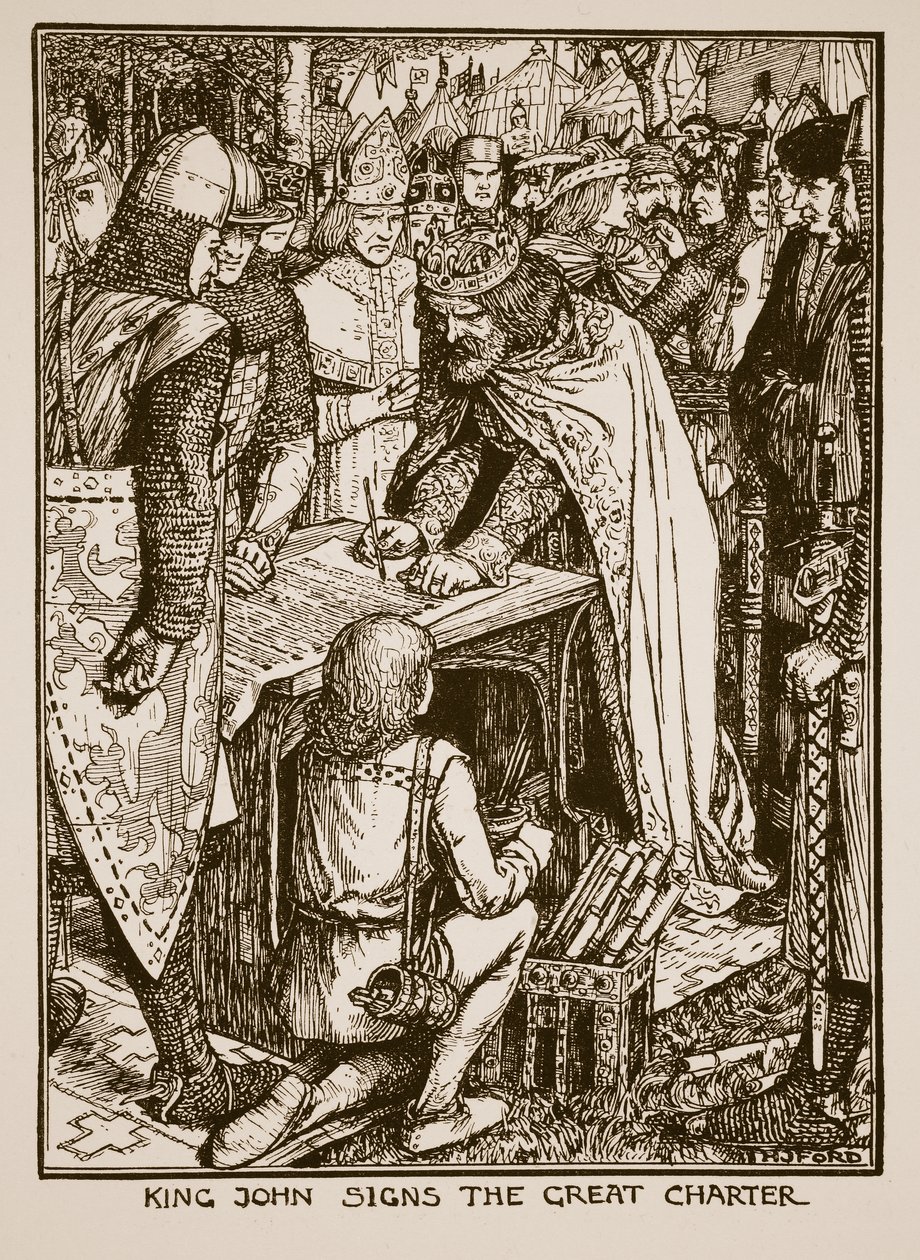 King John canta a Grande Carta, ilustração de "Uma História da Inglaterra", de CRL Fletcher e Rudyard Kipling, 1911 de Henry Justice Ford
