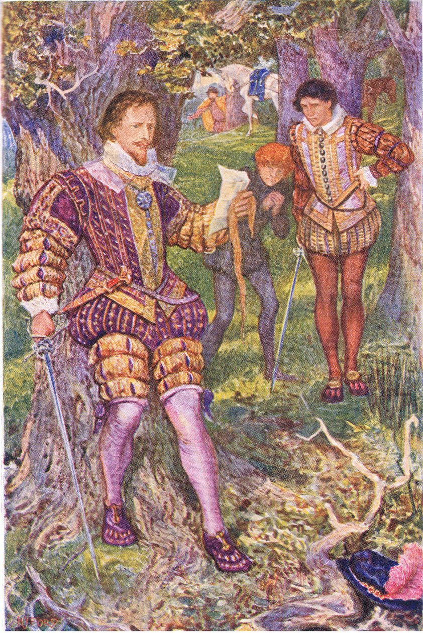 Leicester lê a carta de Amys, ilustração de Kenilworth, c.1910 de Henry Justice Ford