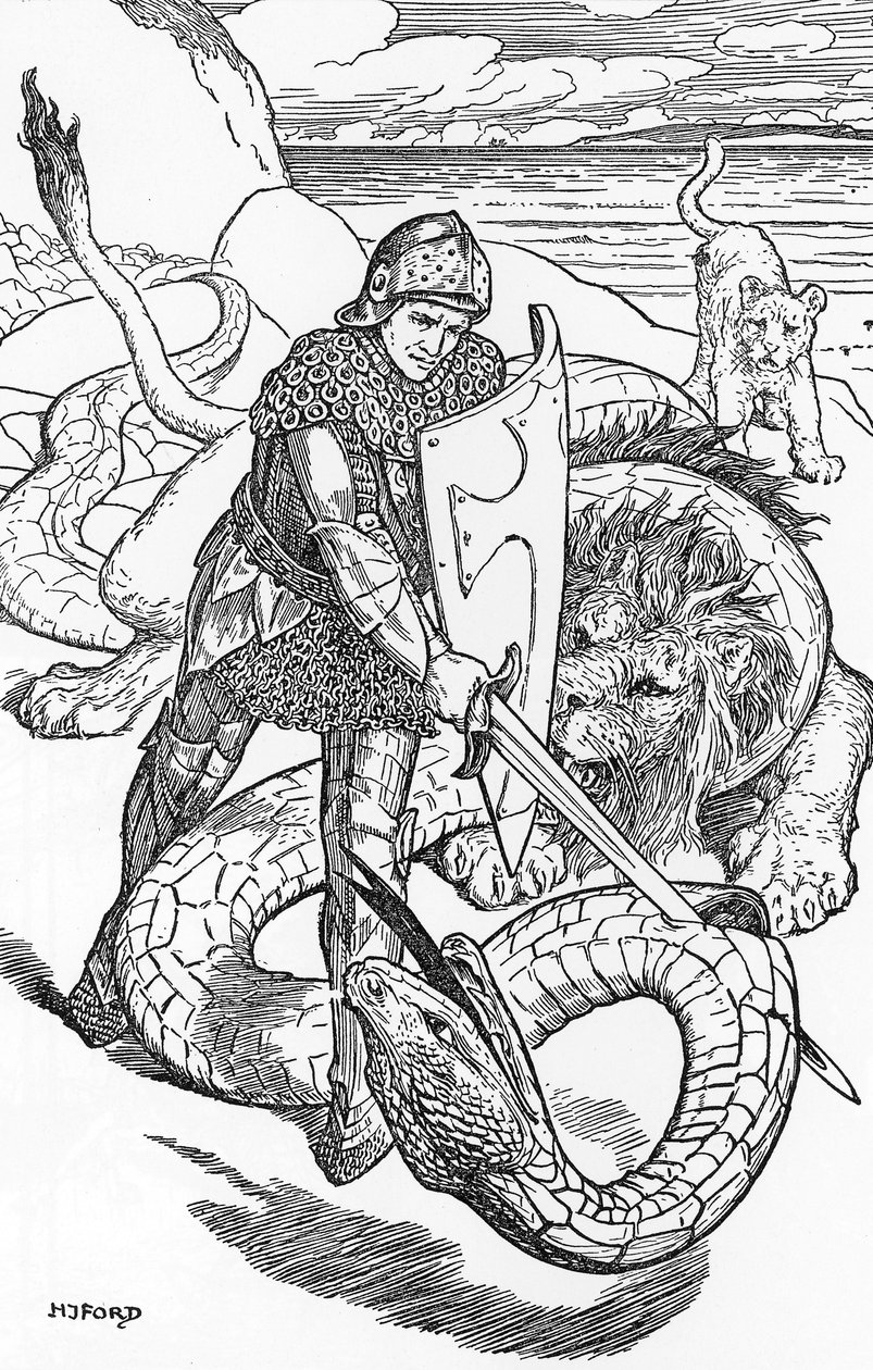 Percival fightint the serpent Illustration de HJ Ford (1860-1940) de "The book of romance" 1902 Colecção privada de Henry Justice Ford