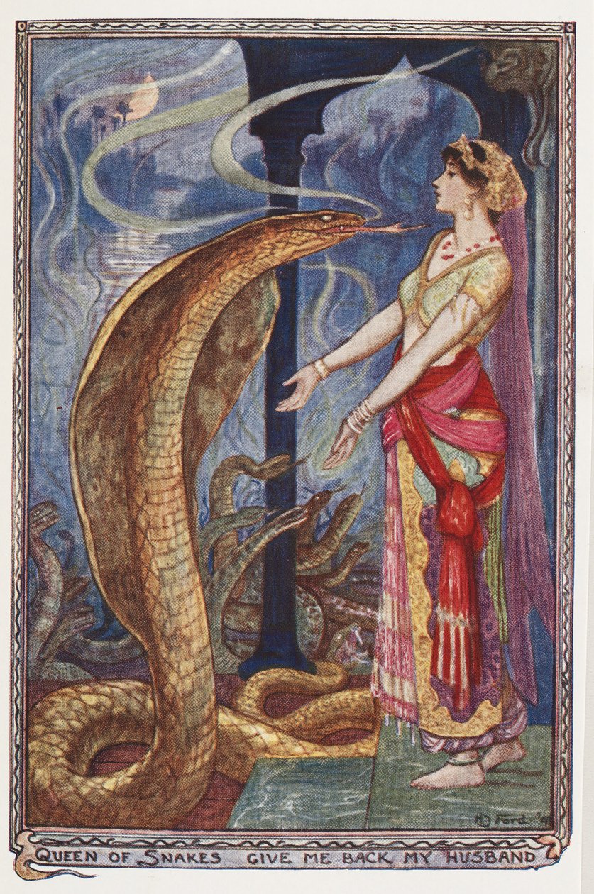 Rainha das Cobras, Devolva-me meu marido, ilustração de The Olive Fairy Book, de Andrew Laing, 1907 de Henry Justice Ford
