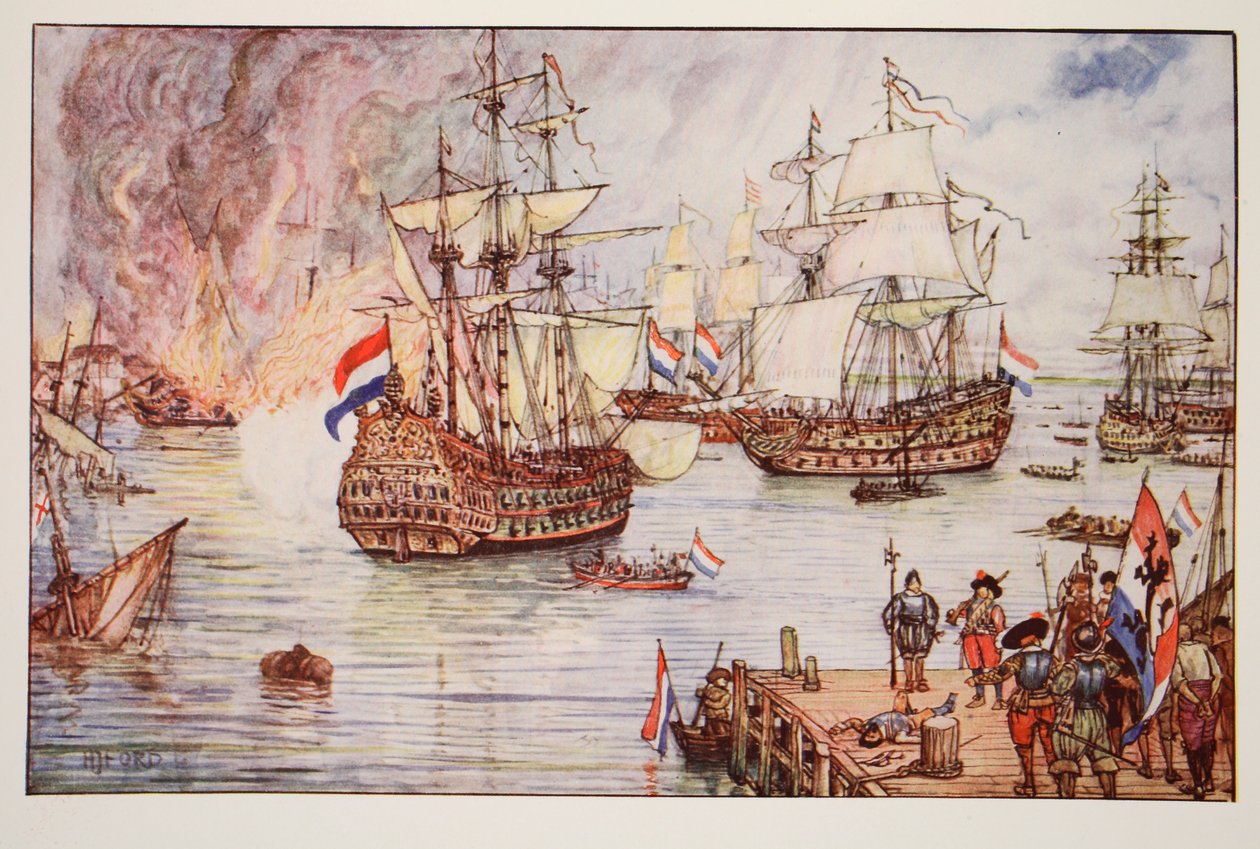 Os holandeses no Medway, ilustração de &39;A History of England&39; por CRL Fletcher e Rudyard Kipling, 1911 de Henry Justice Ford