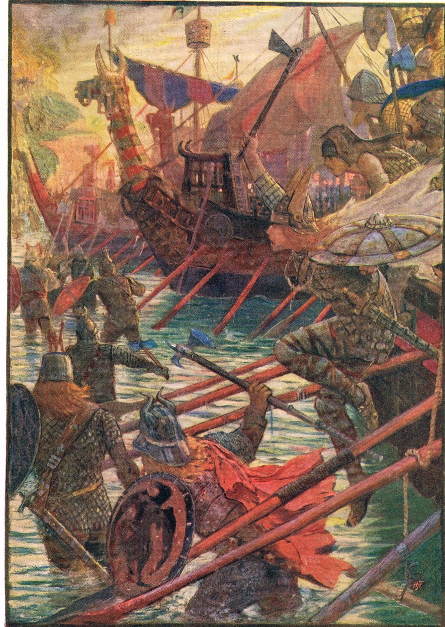 O desembarque dos dinamarqueses, ilustração de "A história da Inglaterra" por Rudyard Kipling, 1911 de Henry Justice Ford