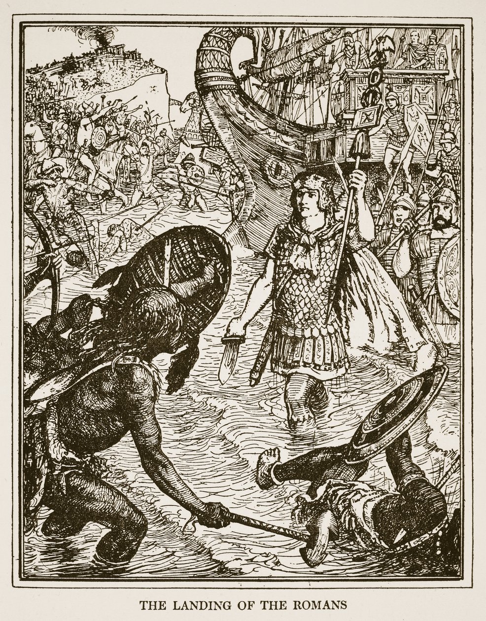 O desembarque dos romanos, ilustração de &39;A History of England&39; por CRL Fletcher e Rudyard Kipling, 1911 de Henry Justice Ford