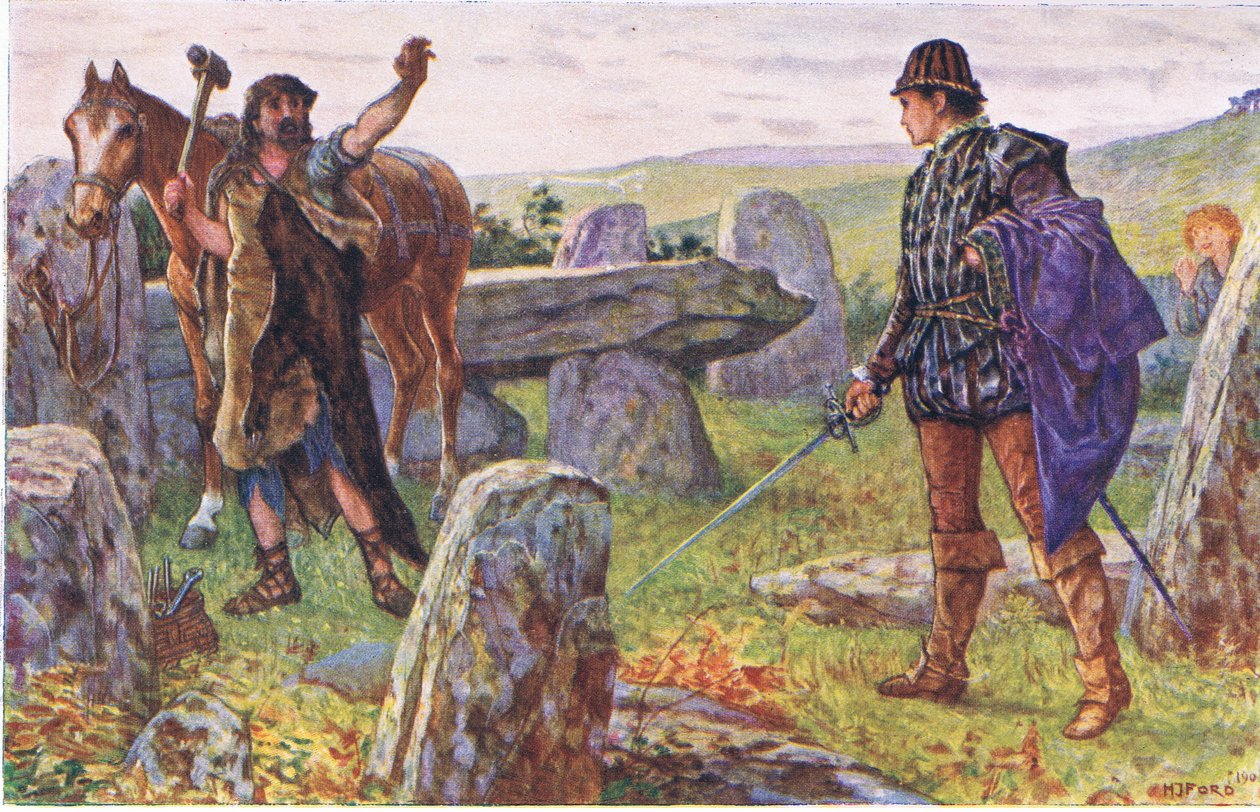 Tresilian confronta o misterioso ferrador, ilustração de Kenilworth, c.1910 de Henry Justice Ford