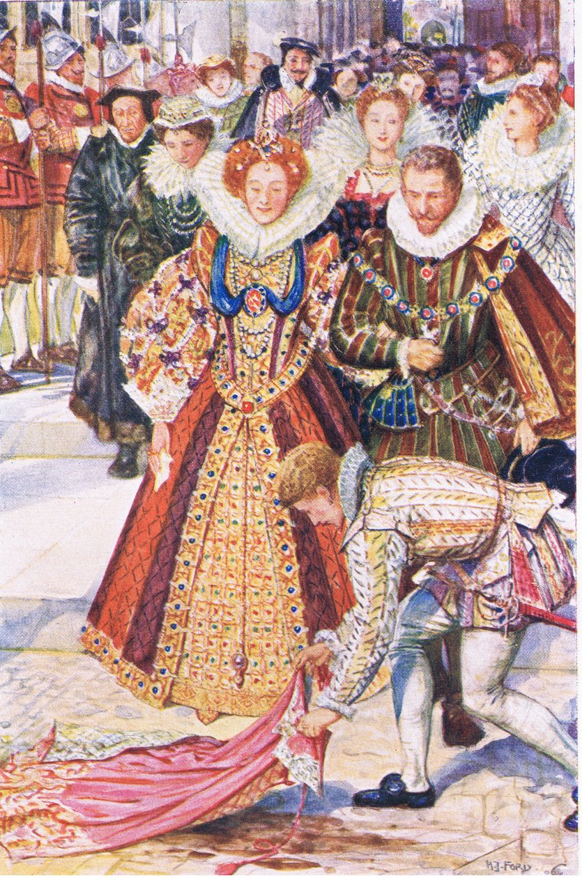 Walter Raleigh sacrifica sua capa para a rainha Elizabeth, ilustração de Kenilworth, c.1910 de Henry Justice Ford