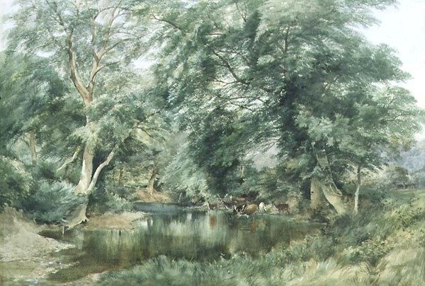 Paisagem com veados a beber de um rio de Henry Jutsum