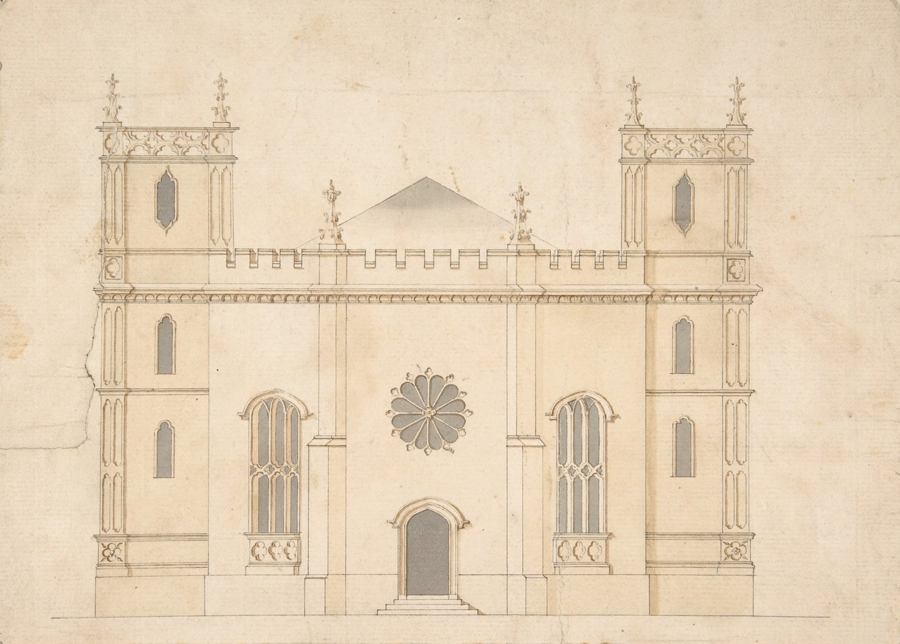 Fachada de uma Igreja do Avivamento Gótico, 1745-76. de Henry Keene.