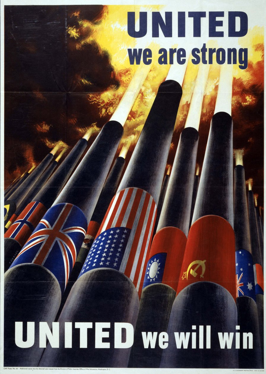 Unidos somos fortes. UNITED we will win" (Unidos venceremos) Cartaz da Segunda Guerra Mundial dos EUA com canhões, todos a disparar projécteis para o céu de Henry Koerner