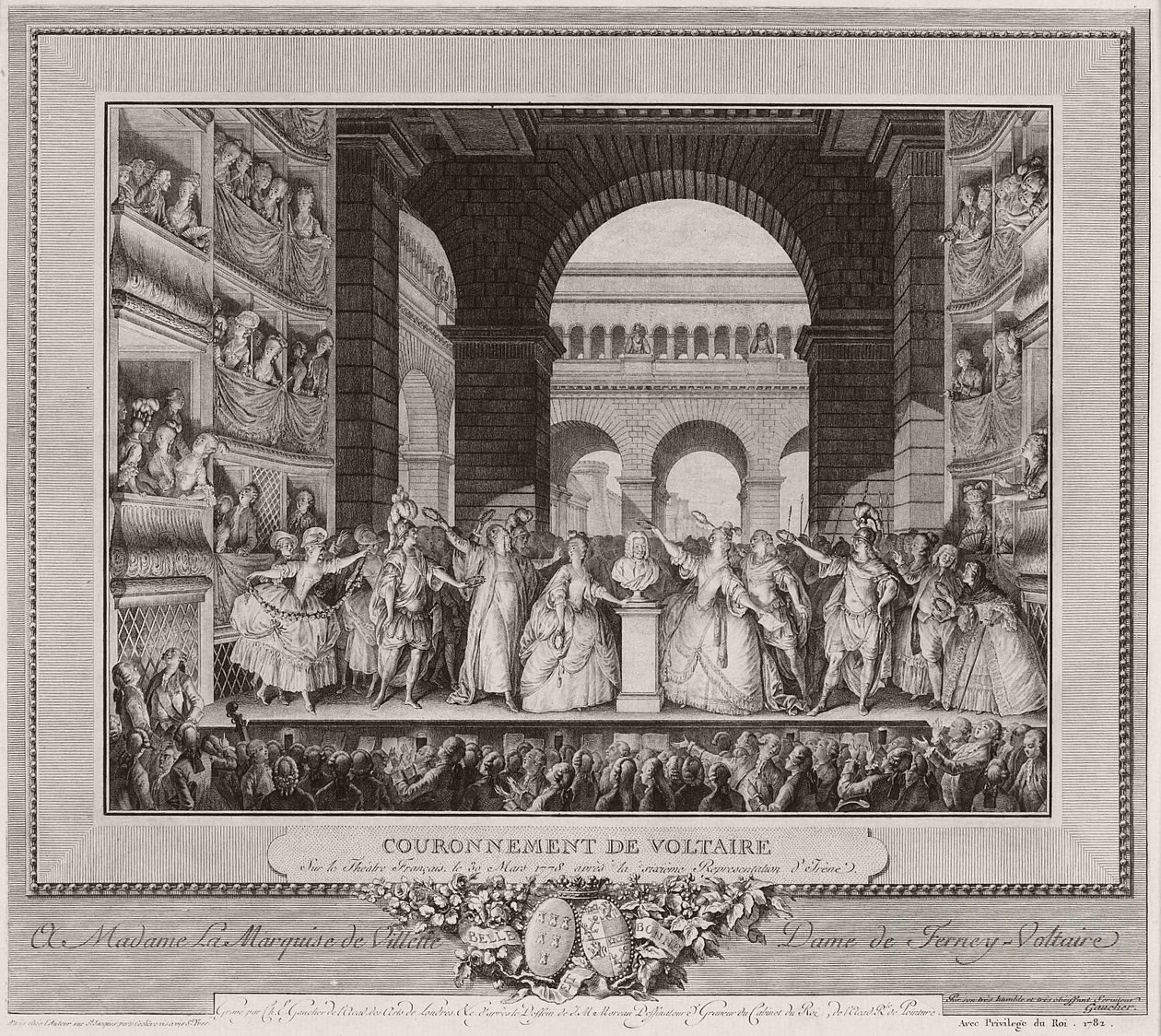 Coroação de Voltaire no Teatro Francês, 30 de março de 1778, após a sexta representação de Irene, 1782 (gravura e gravura) de Henry Le Jeune