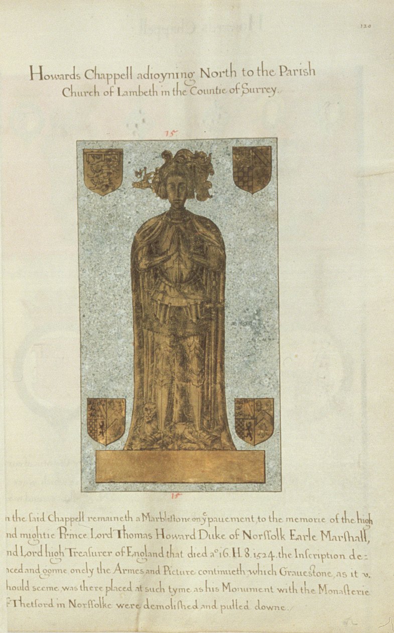 Lápide de mármore de Lord Thomas Howard Duque de Norfolk, 1637 (tinta e folha de ouro sobre velino) de Henry Lilly