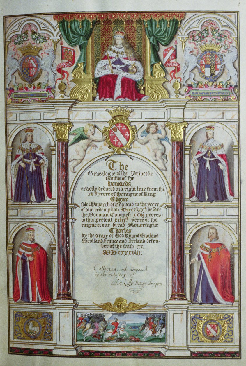 Titlepage do &39;Genealogie da Princelie Familie of The Howards&39;, 1638 (tinta, folha de ouro e cor em pergaminho) de Henry Lilly