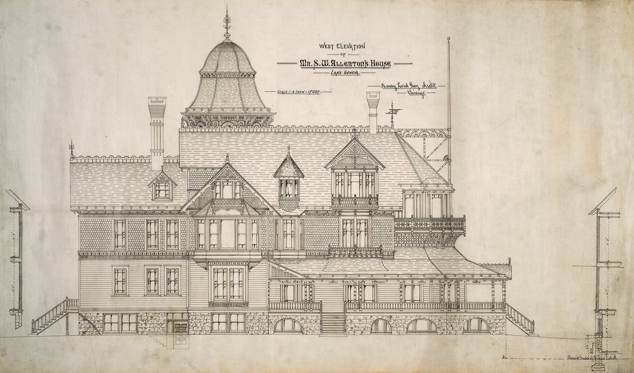 Casa do Sr. S.W. Allerton, Lago Genebra, Wisconsin: Elevação Oeste de Henry Lord Gay