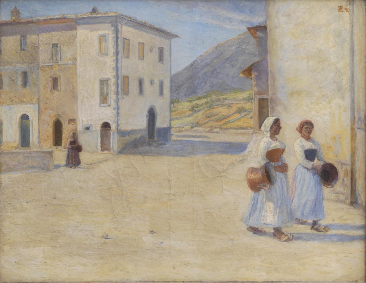 Meninas a caminho do poço para água ao meio-dia. Civita d