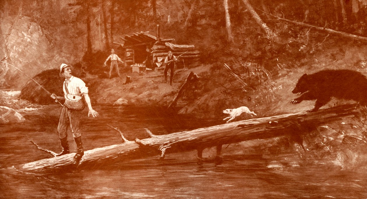 Urso se aproxima de pescadores na mata de Henry Marriott Paget
